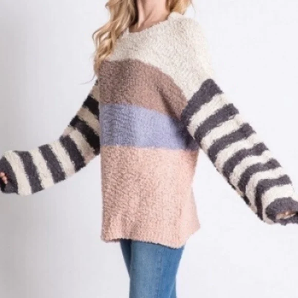 027 Cozy Brown Pink Popcorn Color Block oversized Sweater